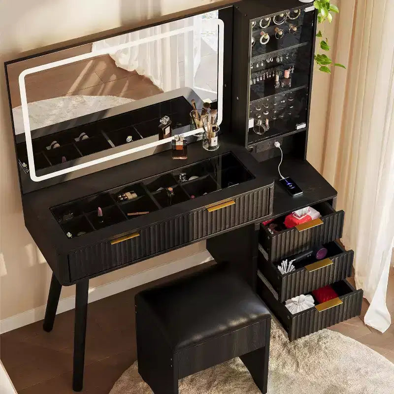 Coiffeuse de maquillage cannelée de 48 pouces avec grand miroir et lumières, coiffeuse de maquillage moderne avec station de charge et tabouret de rangement rembourré pour la maison