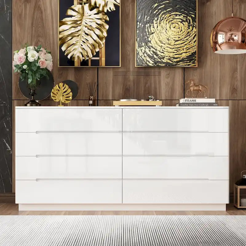Commode 63 à finition haute brillance avec caisson éclairé à 8 tiroirs et plateau spacieux