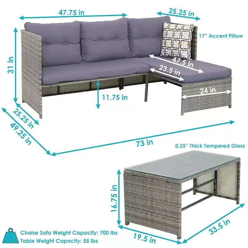 Ensemble de conversation d'extérieur Sunnydaze Longford en rotin avec canapé sectionnel et chaise longue, coussins d'assise et table basse – Anthracite – 2 pièces