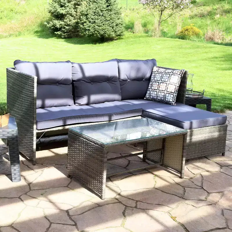 Ensemble de conversation d'extérieur Sunnydaze Longford en rotin avec canapé sectionnel et chaise longue, coussins d'assise et table basse – Anthracite – 2 pièces