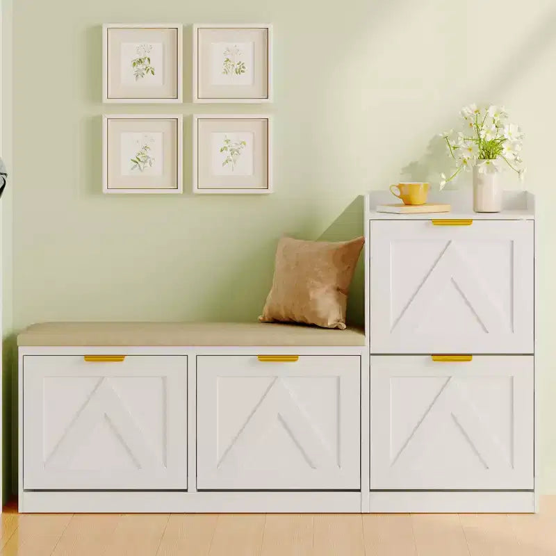 Meuble à chaussures de ferme avec banc, organisateur de rangement de chaussures d'entrée avec 4 tiroirs à abattant et siège rembourré confortable, banc à chaussures autoportant