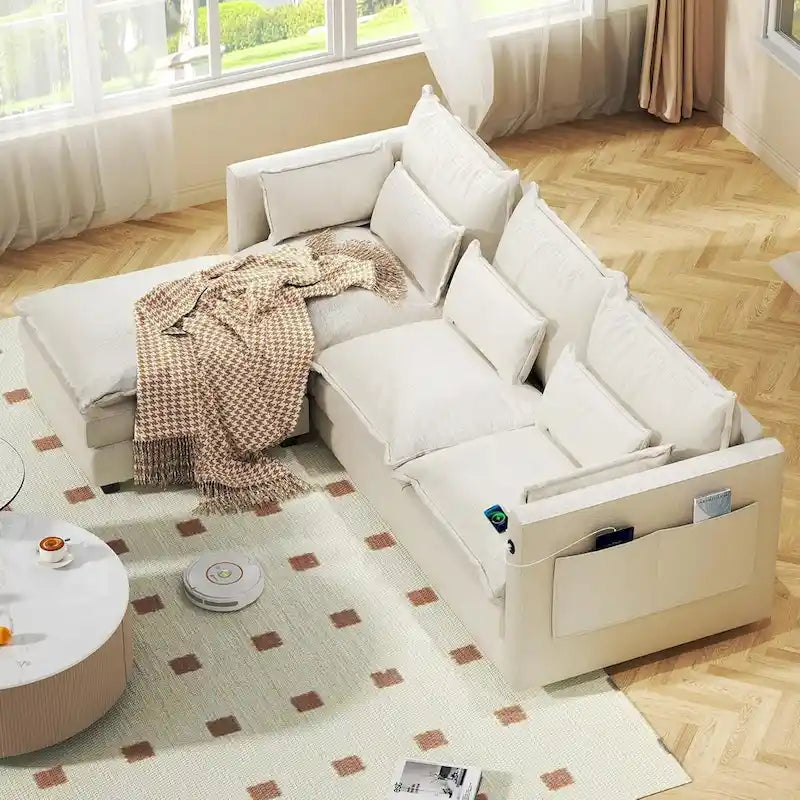 Canapé modulable en forme de L, ensemble de canapé 3/4 places avec ottoman, tissu chenille