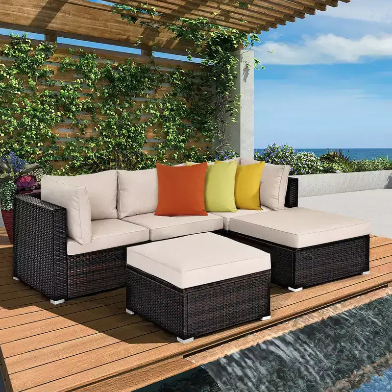 Costway Ensemble de Meubles de Patio en Rotin 5 Pièces avec Table Ottomane Beige