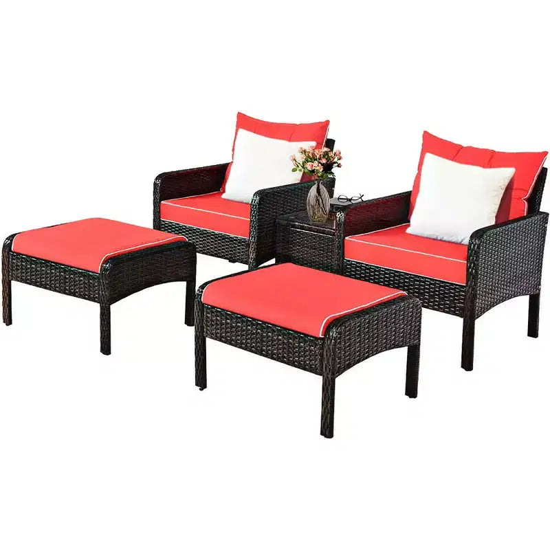 Costway Ensemble Meubles de Patio 5 Pièces en Rotin Canapé Ottomane Table Coussins Jardin Rouge