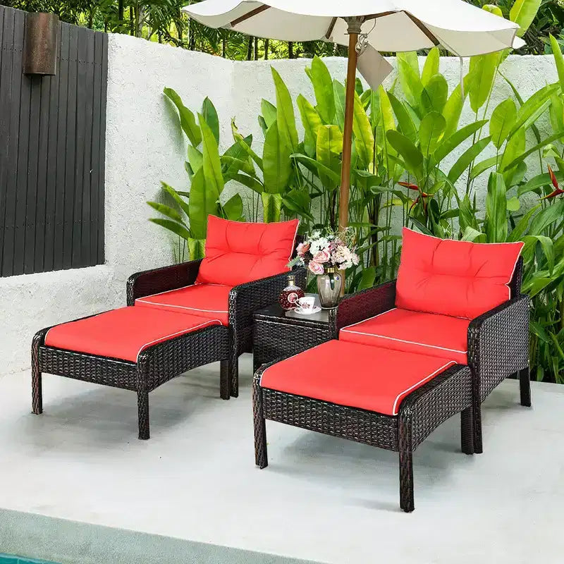 Costway Ensemble Meubles de Patio 5 Pièces en Rotin Canapé Ottomane Table Coussins Jardin Rouge