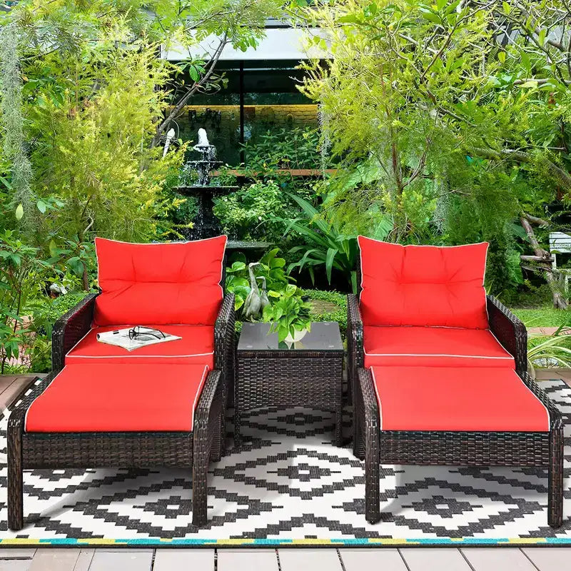 Costway Ensemble Meubles de Patio 5 Pièces en Rotin Canapé Ottomane Table Coussins Jardin Rouge