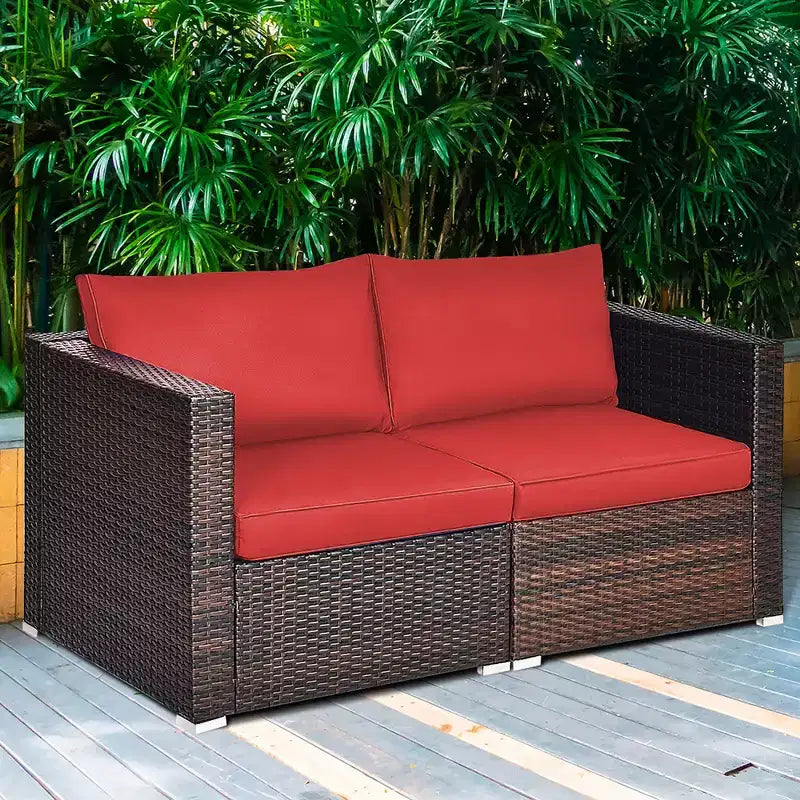 Costway Ensemble de Meubles de Jardin Canapé d'Angle en Rotin 2 Pièces avec Coussins Noirs/Rouges