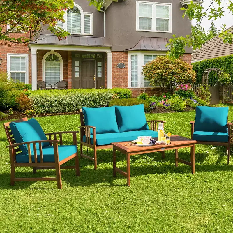 Costway Ensemble de mobilier de patio en bois 4 pièces Table Canapé Chaise Rembourré Jardin Turquoise