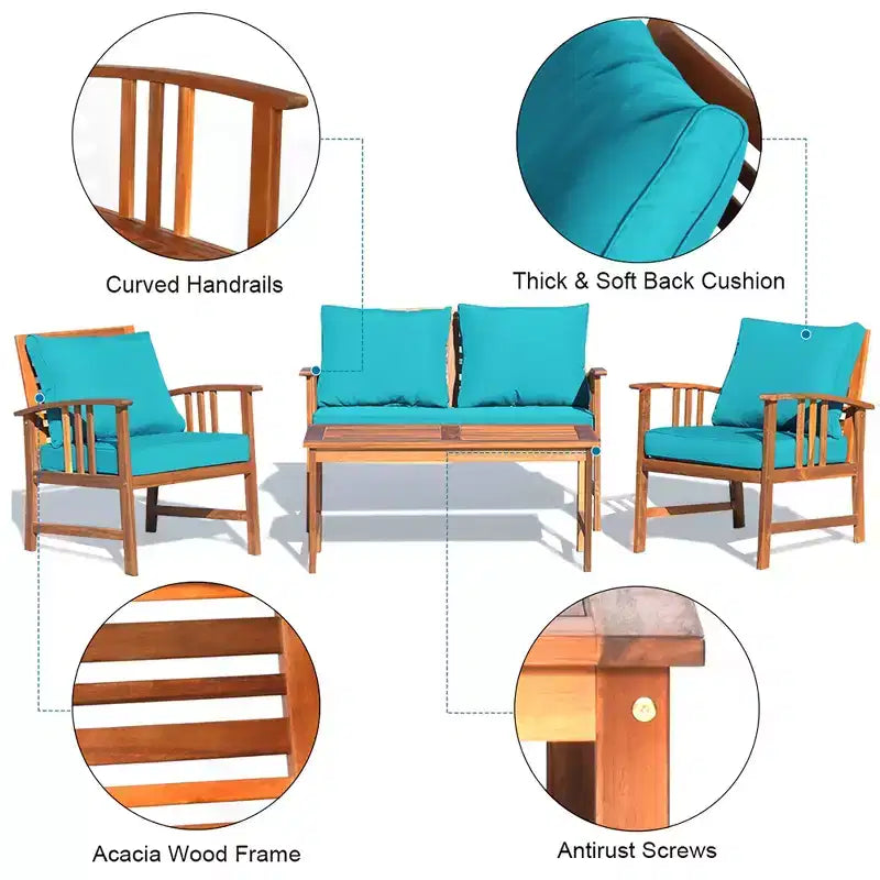 Costway Ensemble de mobilier de patio en bois 4 pièces Table Canapé Chaise Rembourré Jardin Turquoise