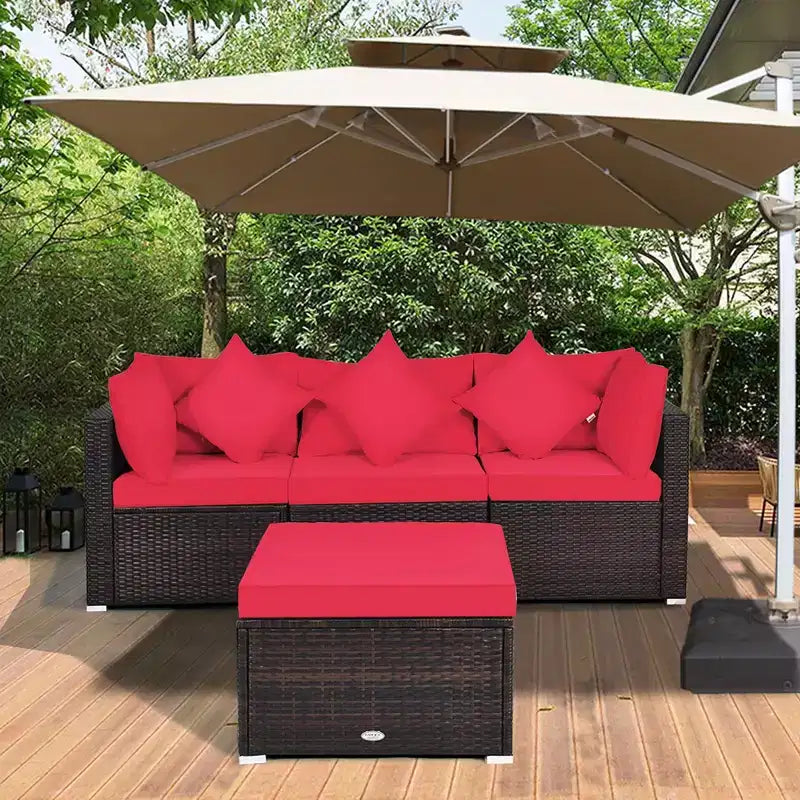 Ensemble de meubles de patio en rotin tressé Costway 4 pièces avec coussins, canapé, ottoman, jardin, turquoise/rouge