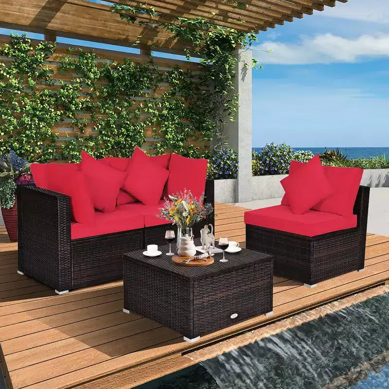 Ensemble de meubles de patio en rotin tressé Costway 4 pièces avec coussins, canapé, ottoman, jardin, turquoise/rouge