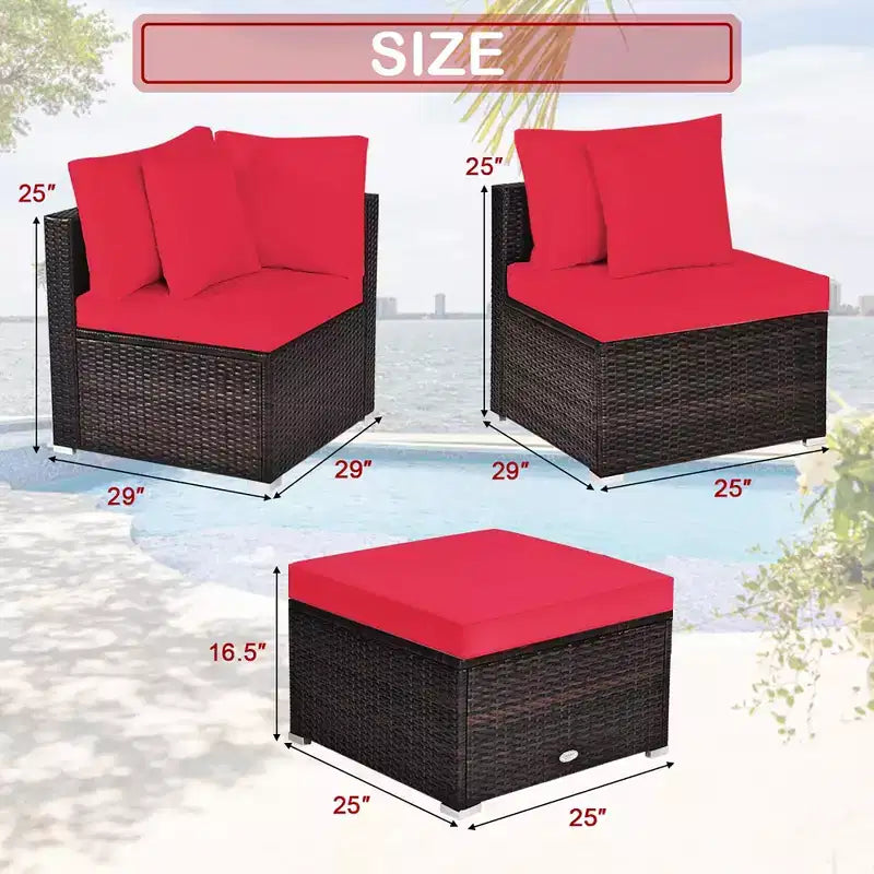 Ensemble de meubles de patio en rotin tressé Costway 4 pièces avec coussins, canapé, ottoman, jardin, turquoise/rouge