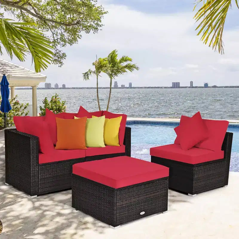 Costway 4PCS Patio Rattan Wicker Furniture Set Cushioned Sofa Ottoman Garden Turquoise\Red