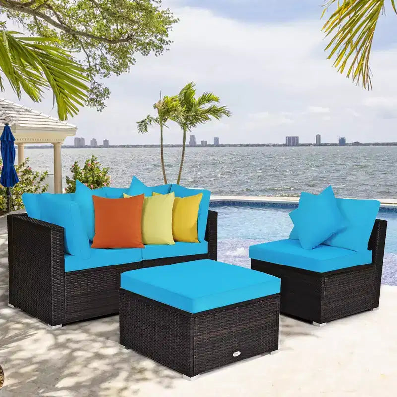 Ensemble de meubles de patio en rotin tressé Costway 4 pièces avec coussins, canapé, ottoman, jardin, turquoise/rouge