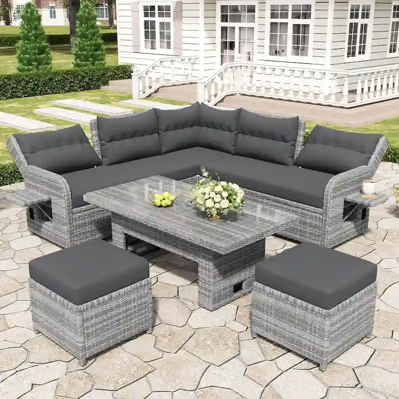 Canapé d'angle d'extérieur en rotin avec table réglable et fauteuils inclinables
