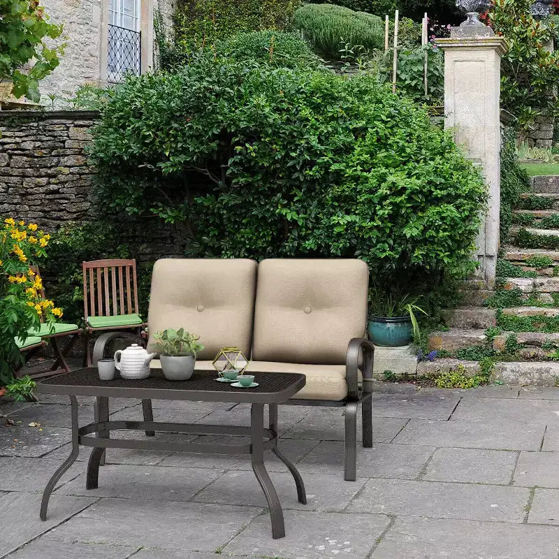 Costway Ensemble de 2 Meubles de Jardin avec Canapé, Table Basse et Banc Rembourré