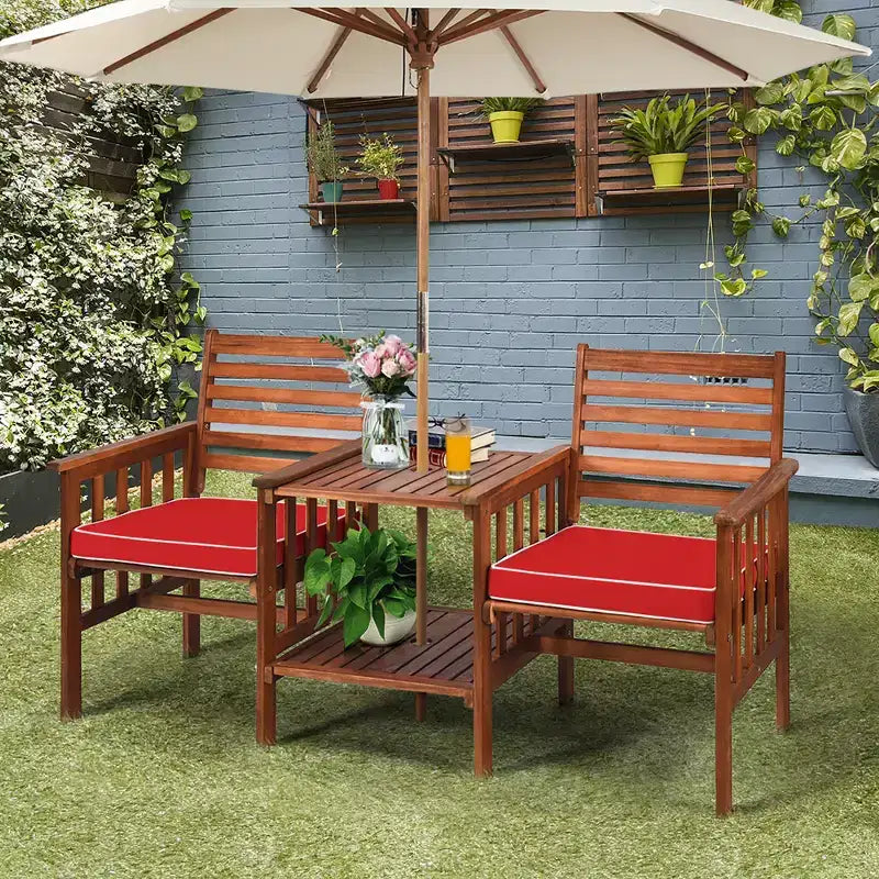 Costway Ensemble de conversation causeuse de patio en bois d'acacia avec table basse et coussins blanc/rouge