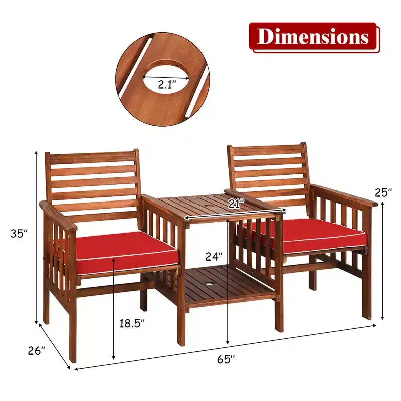 Costway Ensemble de conversation causeuse de patio en bois d'acacia avec table basse et coussins blanc/rouge