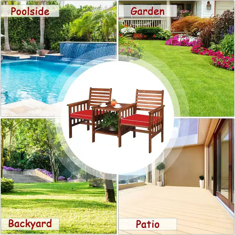 Costway Ensemble de conversation causeuse de patio en bois d'acacia avec table basse et coussins blanc/rouge