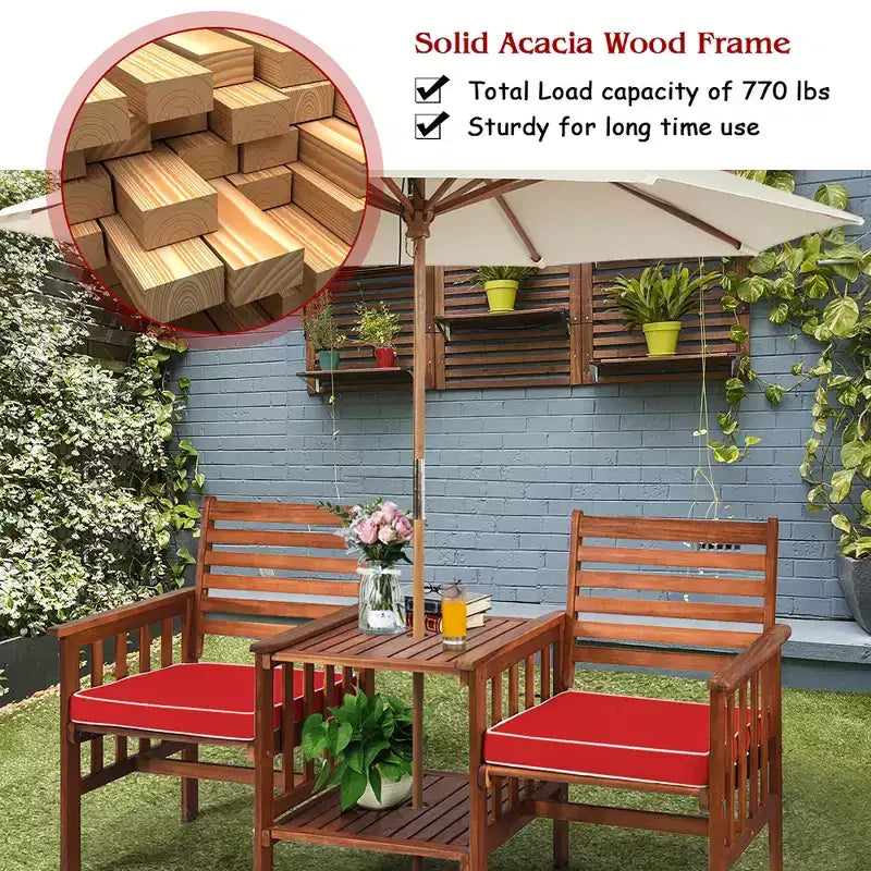 Costway Ensemble de conversation causeuse de patio en bois d'acacia avec table basse et coussins blanc/rouge