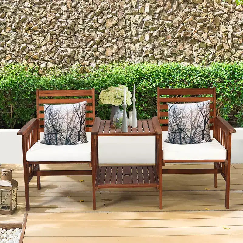 Costway Ensemble de conversation causeuse de patio en bois d'acacia avec table basse et coussins blanc/rouge
