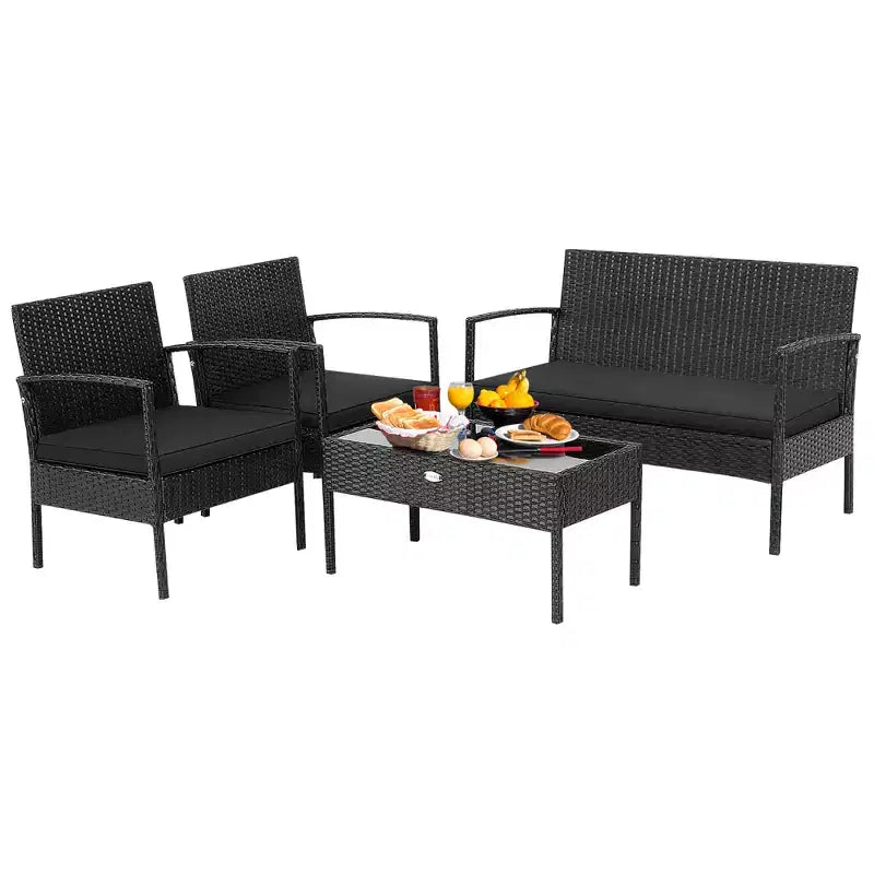 Costway Ensemble de Meubles de Jardin 4 pièces en Rotin avec Coussins, Canapé et Accoudoirs, Noir