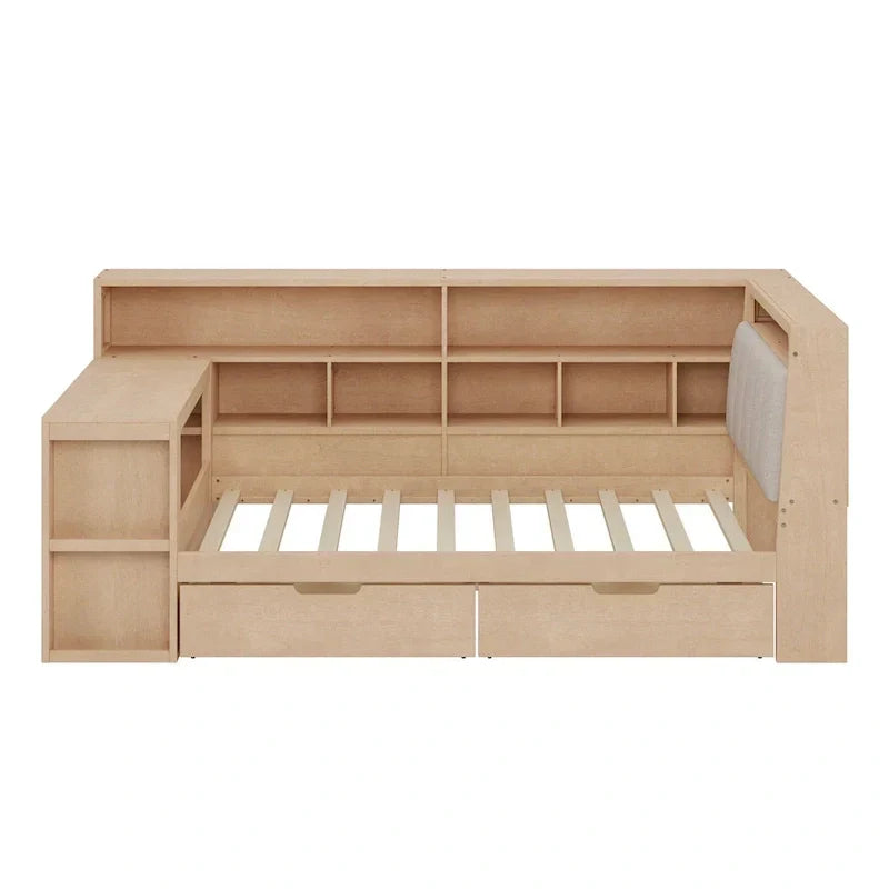 Canapé-lit en bois en L avec bureau, bibliothèque avec placard, lit d’angle avec tiroirs sous le lit, tête de lit rembourrée avec éclairage intégré