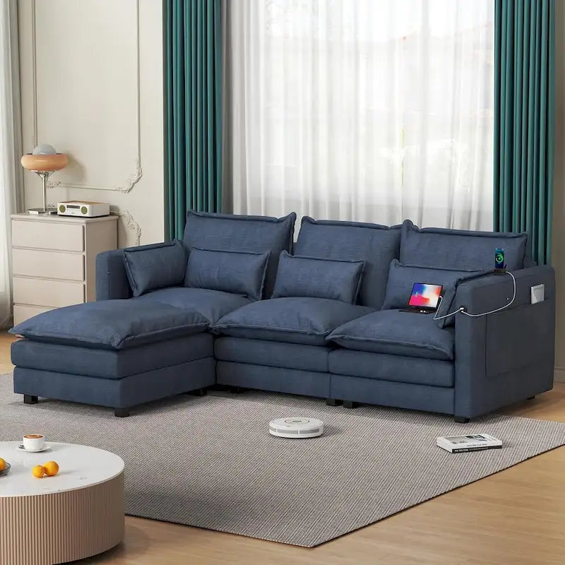 Canapé modulable en forme de L, ensemble de canapé 3/4 places avec ottoman, tissu chenille