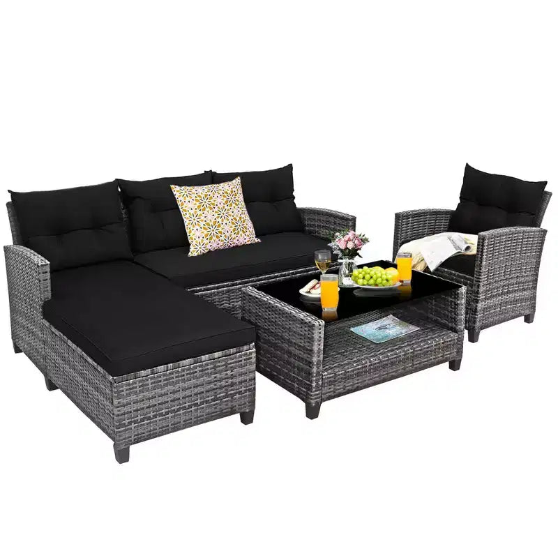 Costway Ensemble de Meubles de Jardin en Rotin 4 Pièces Canapé Ottoman Coussins pour Terrasse Jardin Blanc/Gris/Noir
