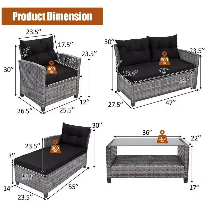 Costway Ensemble de Meubles de Jardin en Rotin 4 Pièces Canapé Ottoman Coussins pour Terrasse Jardin Blanc/Gris/Noir