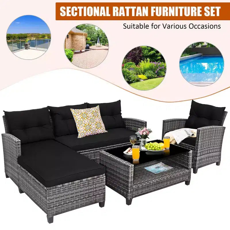 Costway Ensemble de Meubles de Jardin en Rotin 4 Pièces Canapé Ottoman Coussins pour Terrasse Jardin Blanc/Gris/Noir