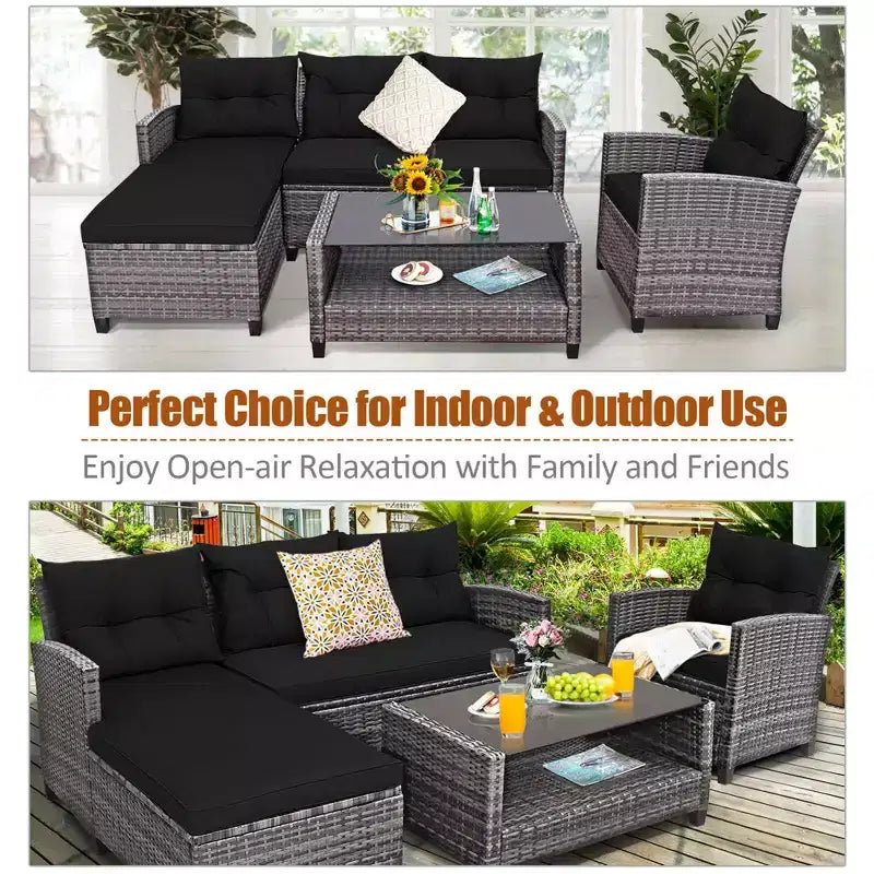 Costway Ensemble de Meubles de Jardin en Rotin 4 Pièces Canapé Ottoman Coussins pour Terrasse Jardin Blanc/Gris/Noir