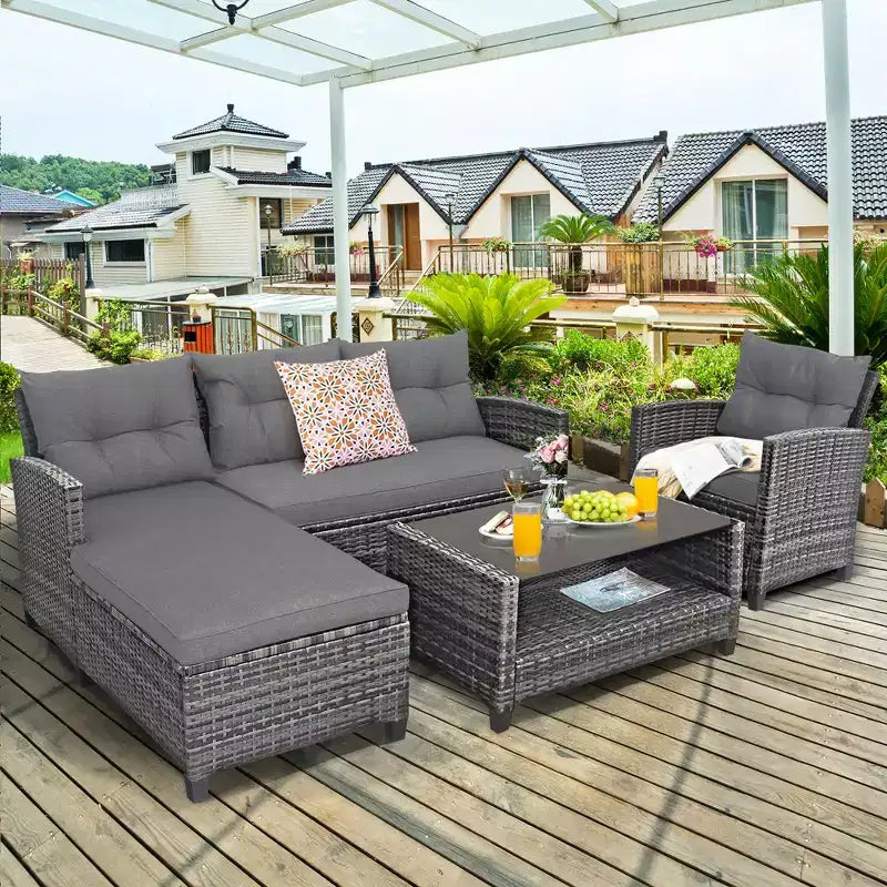 Costway Ensemble de Meubles de Jardin en Rotin 4 Pièces Canapé Ottoman Coussins pour Terrasse Jardin Blanc/Gris/Noir