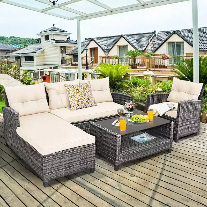 Costway Ensemble de Meubles de Jardin en Rotin 4 Pièces Canapé Ottoman Coussins pour Terrasse Jardin Blanc/Gris/Noir