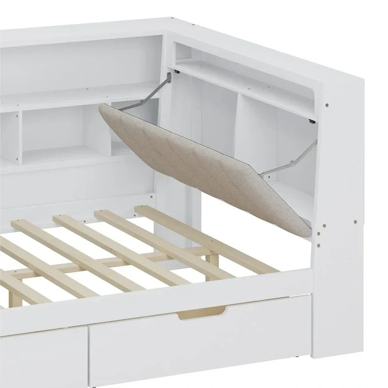 Canapé-lit en bois en L avec bureau, bibliothèque avec placard, lit d’angle avec tiroirs sous le lit, tête de lit rembourrée avec éclairage intégré