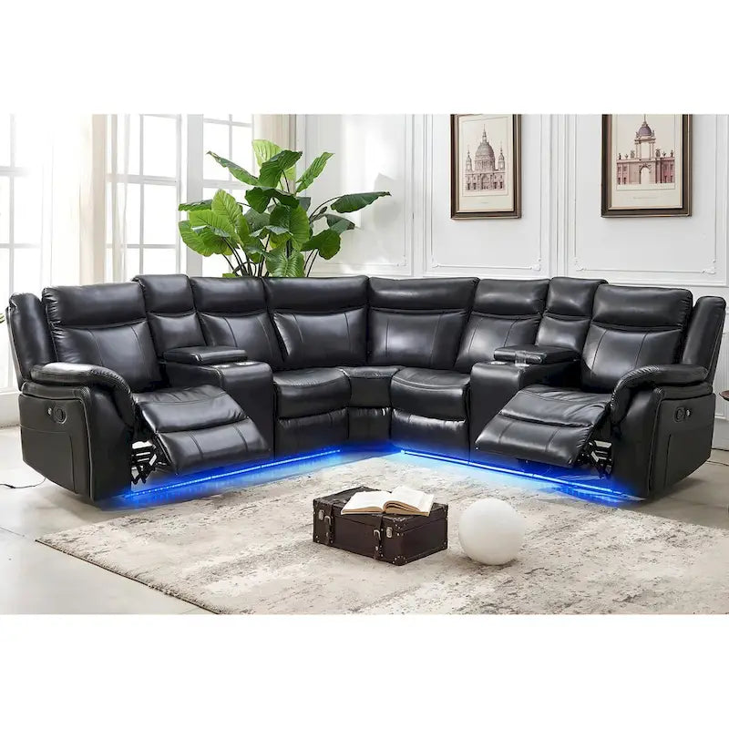 Canapé d'angle inclinable électrique avec lumières LED, fauteuil inclinable en similicuir, porte-gobelets en forme de L, port USB pour salon noir