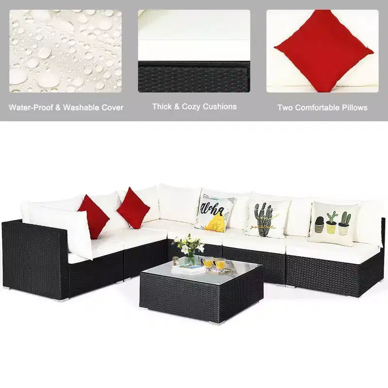 Costway Salon de Jardin en Résine Tressée 7 Pièces Canapés Modulables avec Coussins Déhoussables Blanc Cassé et Gris