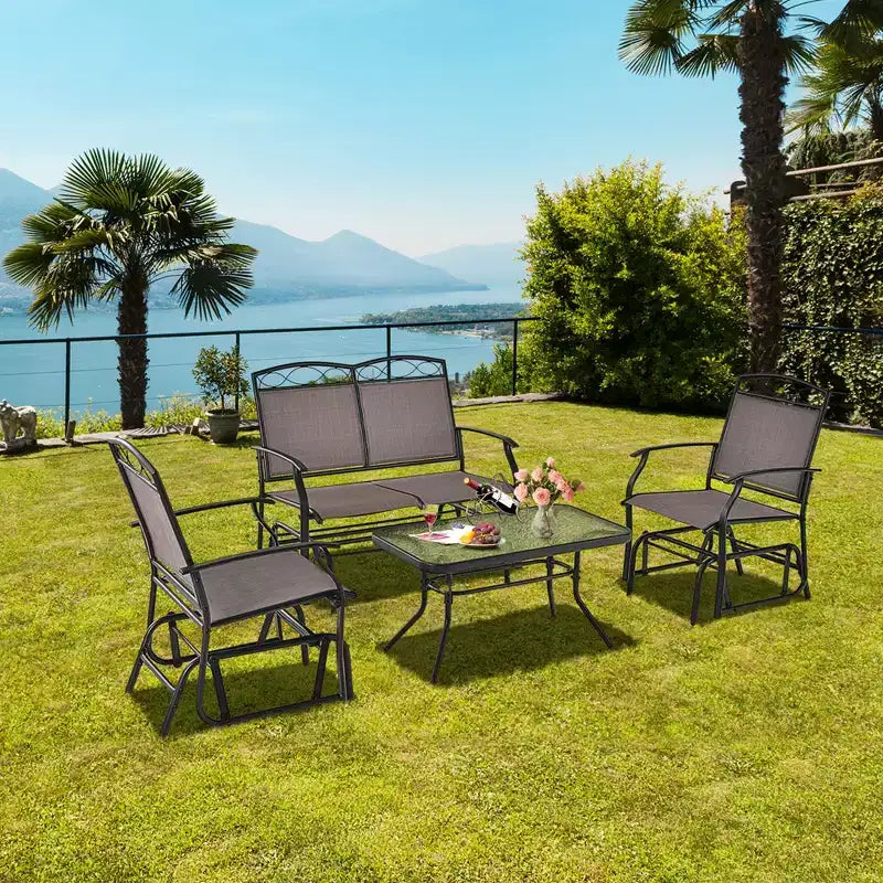 Costway Ensemble de Conversation 4 pièces pour Patio avec Balancelle Fauteuil à Bascule et Table Robuste d'Extérieur