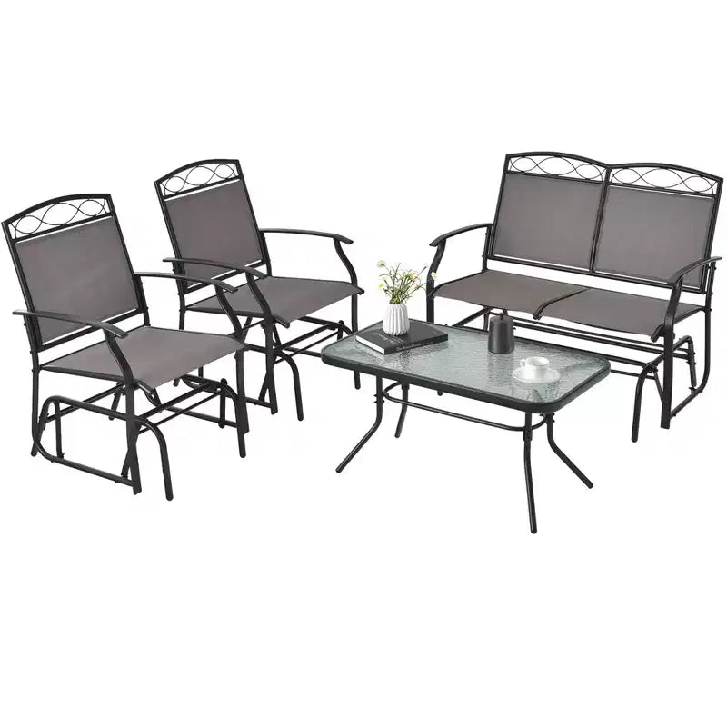 Costway Ensemble de Conversation 4 pièces pour Patio avec Balancelle Fauteuil à Bascule et Table Robuste d'Extérieur