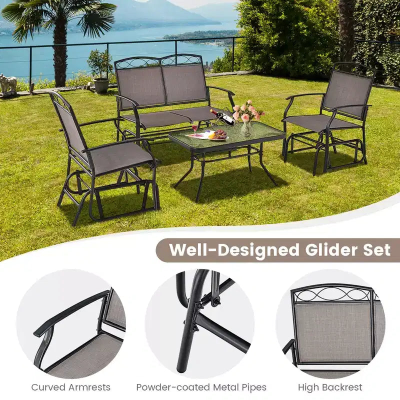 Costway Ensemble de Conversation 4 pièces pour Patio avec Balancelle Fauteuil à Bascule et Table Robuste d'Extérieur