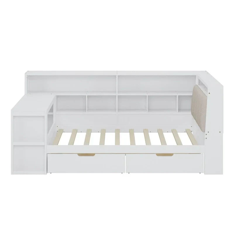 Canapé-lit en bois en L avec bureau, bibliothèque avec placard, lit d’angle avec tiroirs sous le lit, tête de lit rembourrée avec éclairage intégré