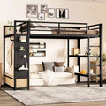 Lit mezzanine métallique double/grand format, tout-en-un avec armoire, étagères de rangement et panneau perforé, noir - ModernLuxe