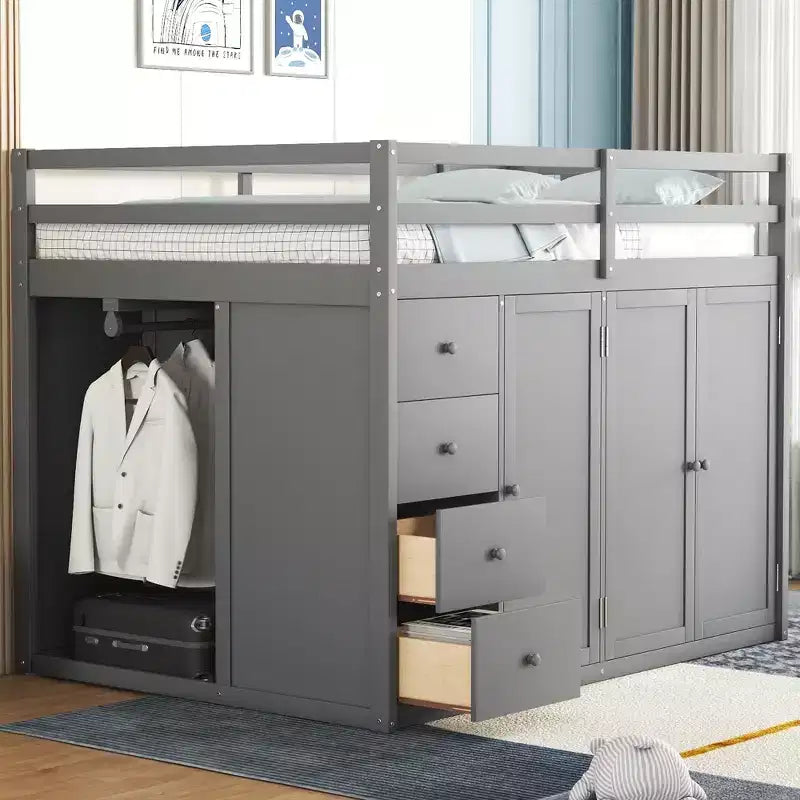 Lit mezzanine pleine taille Teddy Fleece avec étagère de rangement et tiroirs, lit mezzanine haut en bois avec bureau polyvalent pour chambre à coucher