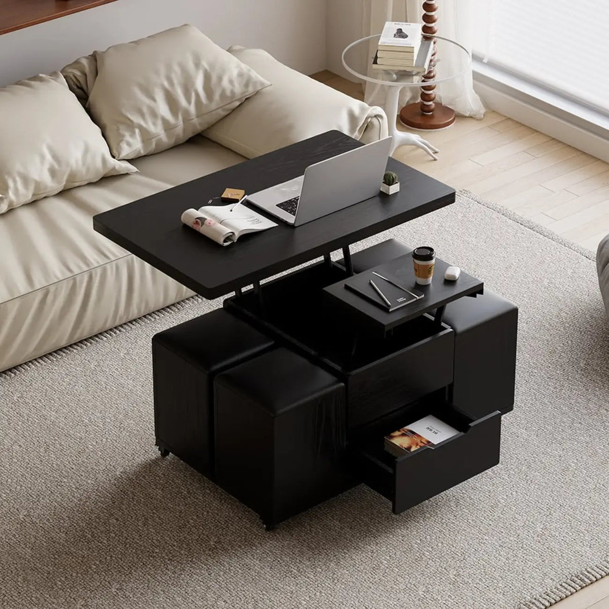 Table basse relevable pliable avec 4 tabourets et rangement