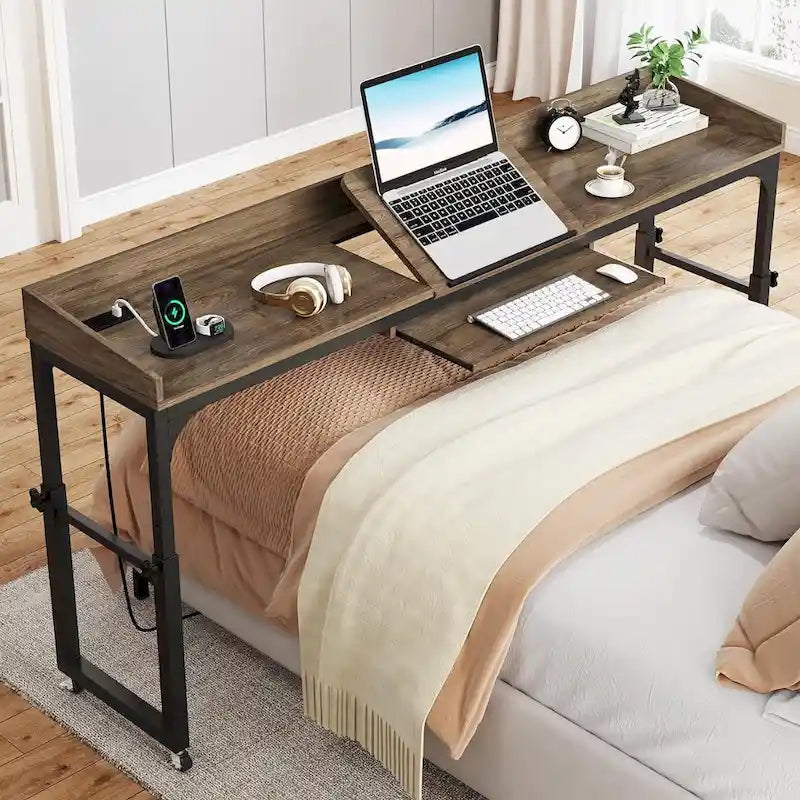 Table de chevet réglable en hauteur avec roulettes, chariot mobile pour ordinateur portable avec prises et ports USB