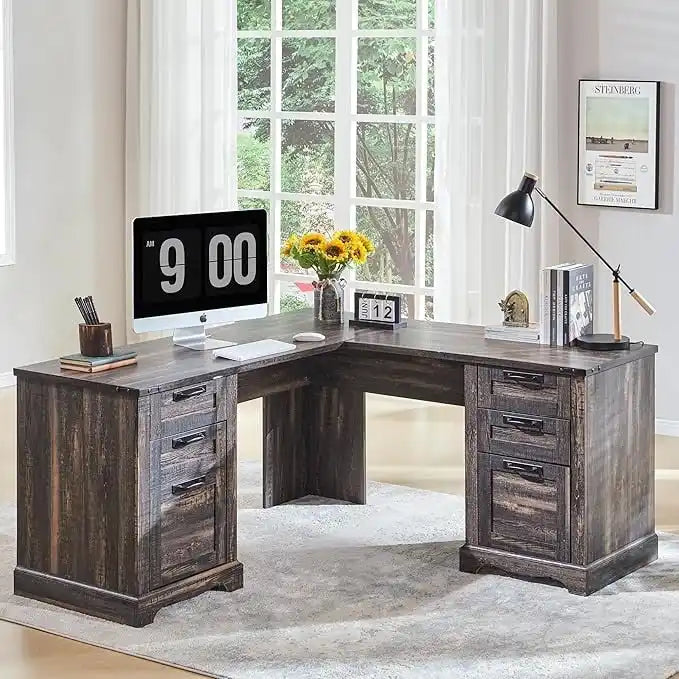 Bureau de direction en L style maison de campagne 60, bureau d'angle en bois, bureau d'ordinateur