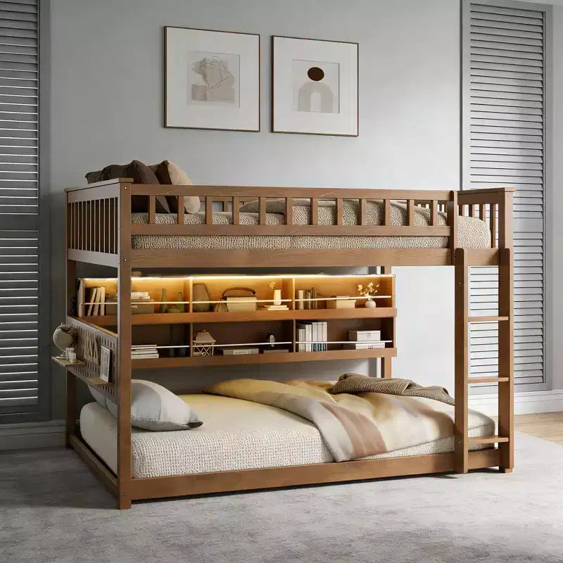 Lit superposé moderne bas Luxystar double sur double avec rangement, étagères éclairées et panneau perforé