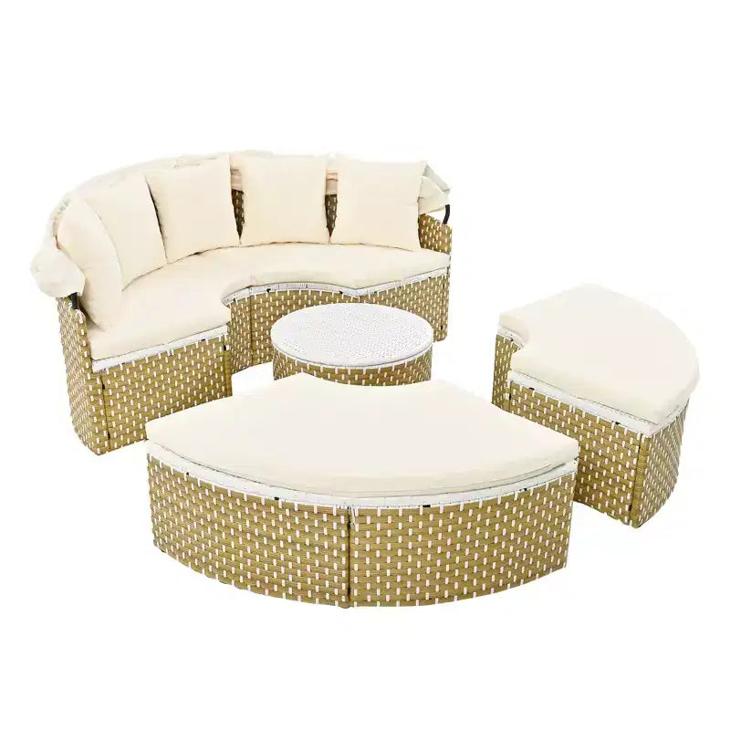 Canapé d'angle d'extérieur rond pour terrasse, lit de jardin en rotin avec auvent rétractable, tissage bicolore, 4A - ModernLuxe