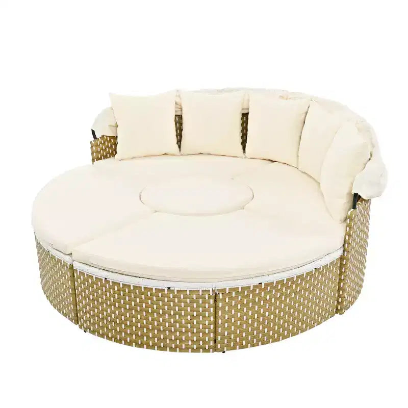 Canapé d'angle d'extérieur rond pour terrasse, lit de jardin en rotin avec auvent rétractable, tissage bicolore, 4A - ModernLuxe
