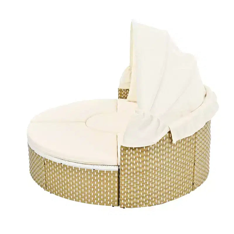 Canapé d'angle d'extérieur rond pour terrasse, lit de jardin en rotin avec auvent rétractable, tissage bicolore, 4A - ModernLuxe